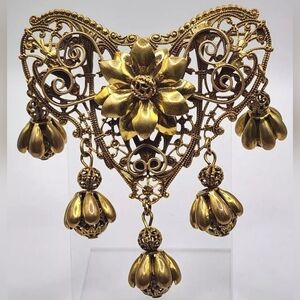 Erin Knight Designs Victorian Style Heart Brooch Gold Tone Filligree 3 Inch